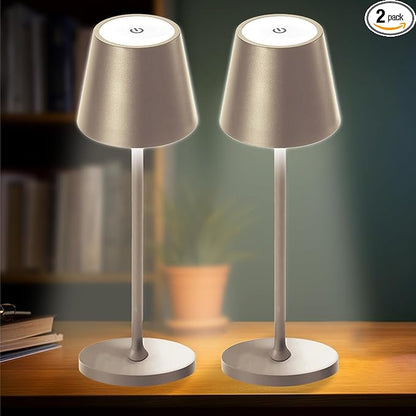 2 Pack Cordless Table Lamp,Portable LED Desk Lamp, 5200mAh Battery Operated, 3 Color Stepless Dimming Up, for Restaurant, Bedroom, Bars, Outdoor Party, Camping, Coffee Shop Night Light Brass