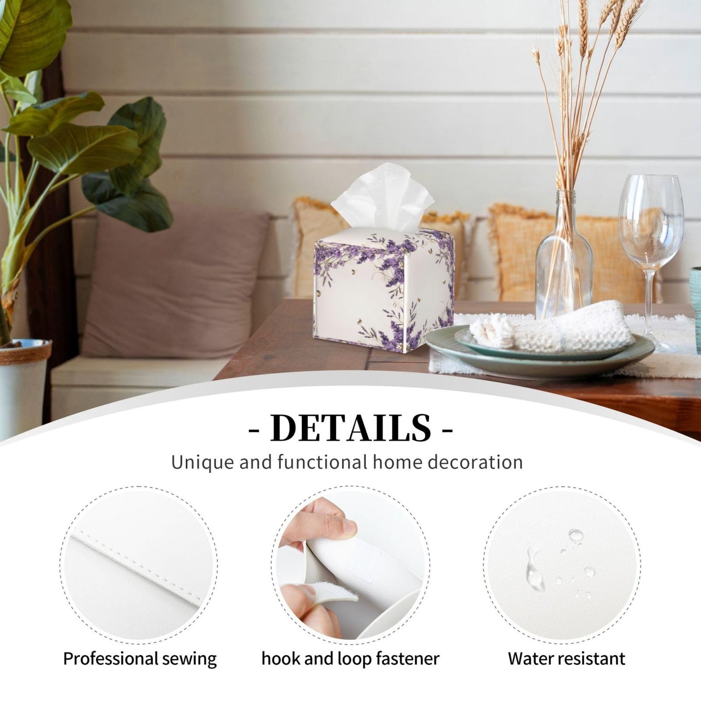 YPPAHHHH Square Tissue Box Cover Vintage Purple Lavender Cube Tissue Box Cover Pu Leather Tissue Box Holder for Office Kitchen Car Bathroom Facial Paper Organizer Dispenser Cover