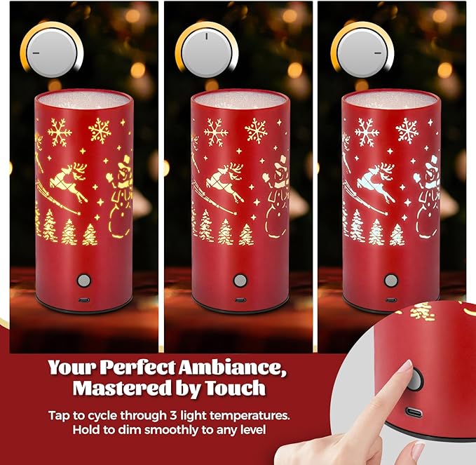 Christmas Table Lamp with Hollow-Out Design - Rechargeable Touch Control Dual Color LED, Warm/Cool White Metal Decor for Home Desk Party, 1200mAh Battery(Red)