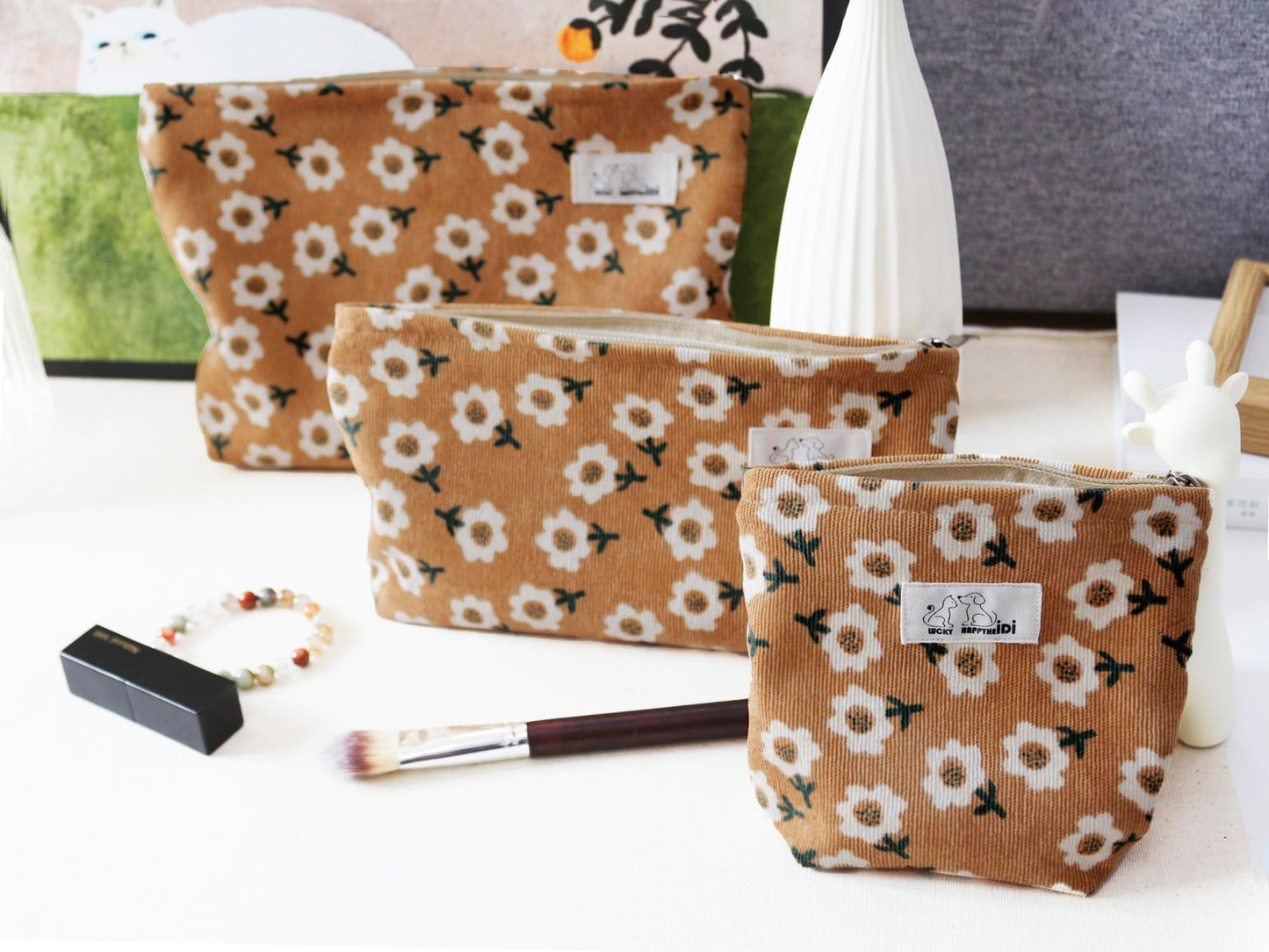 HAPPYHEIDI Floral Makeup Bag Set 3 Cosmetic Toiletry Organizer Zipper Pouch for Purse Tote, Women Girls Gift, Large Medium Small, Kihaki Brown Corduroy