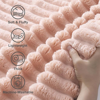 decorUhome Soft Fleece Pink Twin Blanket for Bed, Cozy Fluffy Plush Flannel Striped Throws for Couch Sofa, Lightweight Decorative Ribbed Fuzzy Blanket for Woman, 60x80 Inches