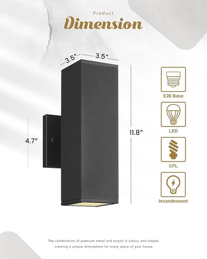 Ken & Ricky Outdoor Wall Lights, Modern Outdoor Light Fixture, Aluminum Waterproof, Black Up and Down Outdoor Porch Light with Glass Cover, KR3324-W-1PK