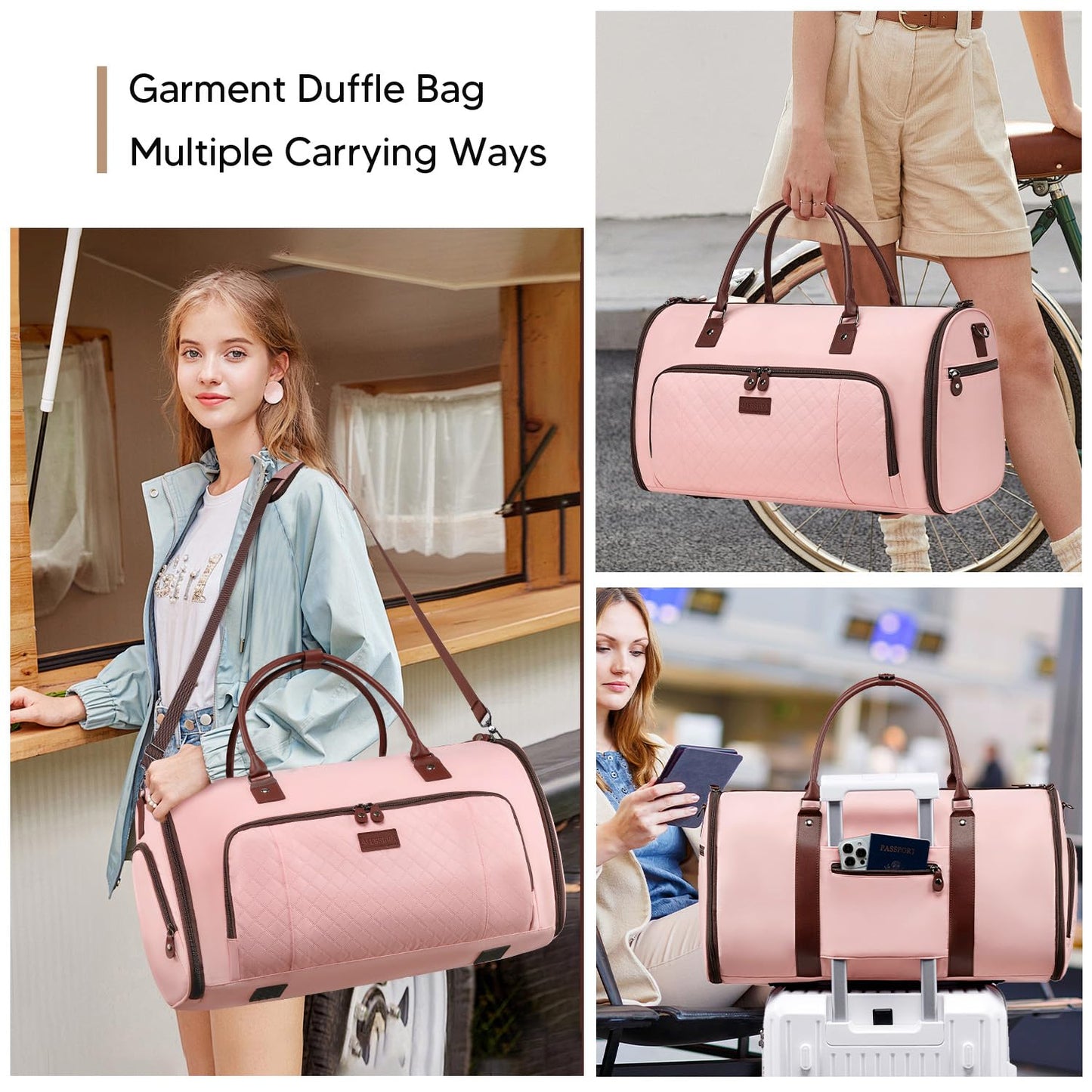 Vessgra Garment Bag for Airplane Travel,Weekender Travel Bag for Women, 2 in 1 Convertable Garment Duffle Bag with Shoes Compartment Carry on Bag Hanging Garment Bag Travel with Shoulder Strap,Pink