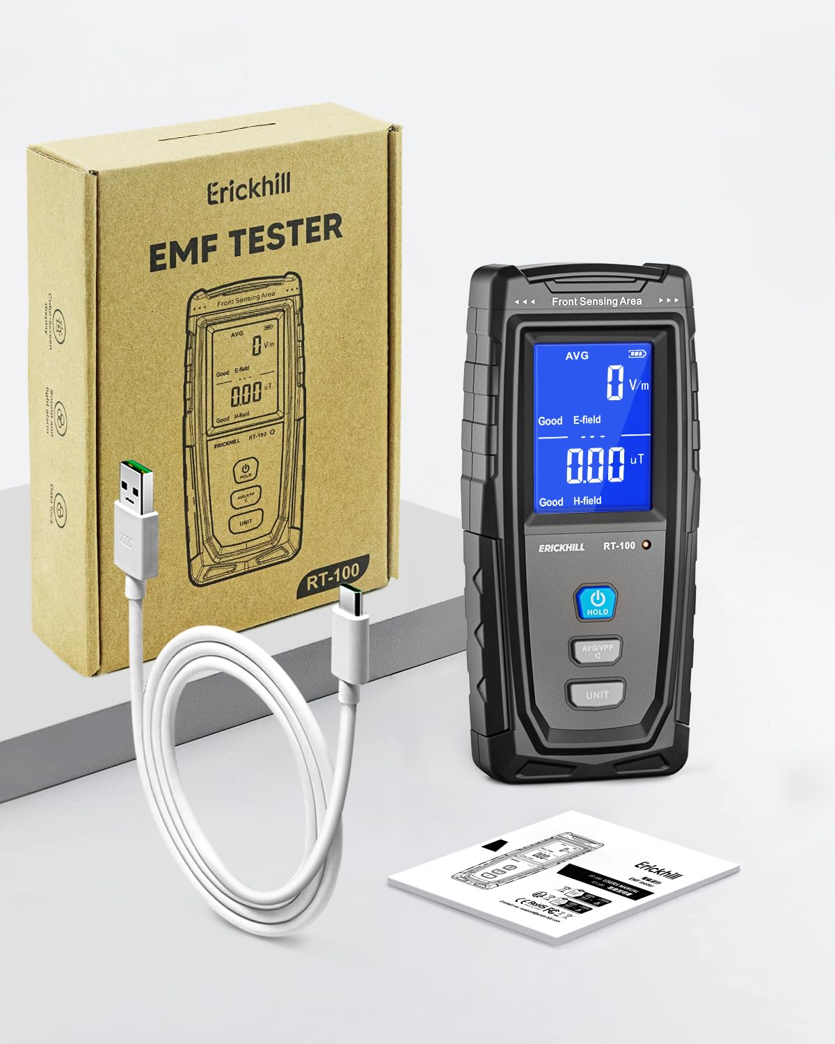 ERICKHILL EMF Meter, Detects Electric and Magnetic Fields, Handheld Digital EMF Detector with LCD Display, Sound-Light Alarm, Rechargeable Battery for Home, Office, and Appliances (Blue)