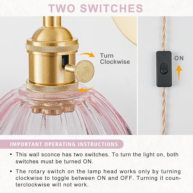 Plug in Wall Sconces Set of 2, Vintage Wall Sconce Light with Tulip Pink Glass Lampshade, 180° Adjustable Wall Sconce with Switch and Plug in wall lamp Cord, Gold Wall Light Wall Decor Set of 2