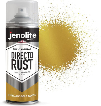 JENOLITE Directorust Spray Paint for Metal - GOLD - Metallic Gloss Finish for Indoor and Outdoor use - Multi-Surface for Metal, Plastic, Ceramic, Wood & Rusted Surfaces - 400ml (13.52fl oz)