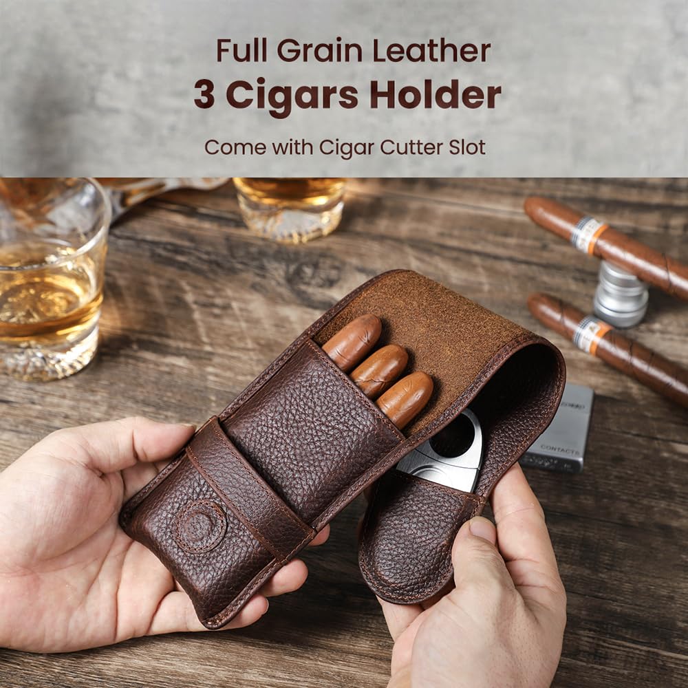 CONTACTS Full Grain Leather Small Cigar Case Travel 3 Slot Cigars Humidor Pouch Portable Cigar Accessories Organizer with Cigar Cutter Slot by Handmade