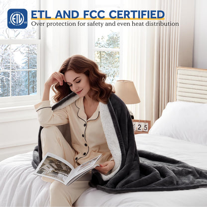 Sealy Electric Blanket Throw Size 50"*60",Super Cozy Flannel to Sherpa Reversible Heated Blanket Throw with 6 Heating Levels & 2-10 Hours Auto Off Overheating Protection Machine Washable,Beige