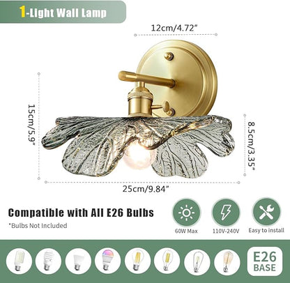 Modern Bathroom Vanity Light Vintage Wall Sconce Hand Blown 1-Light Wall lamp Indoor Wall Light with Dark Green Glass Shade Gold Vanity Light Over Mirror for Bedroom Hallway Living Room
