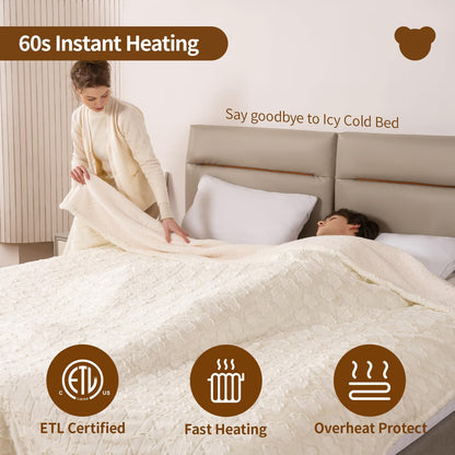 Bearhug Electric Blanket King Size 100" x 90", Dual Controller Heated Blanket, White Flower Patterns Faux Fur & Warm Sherpa, 10-Heat Levels & 1-12H Auto Off,ETL, Machine Washable
