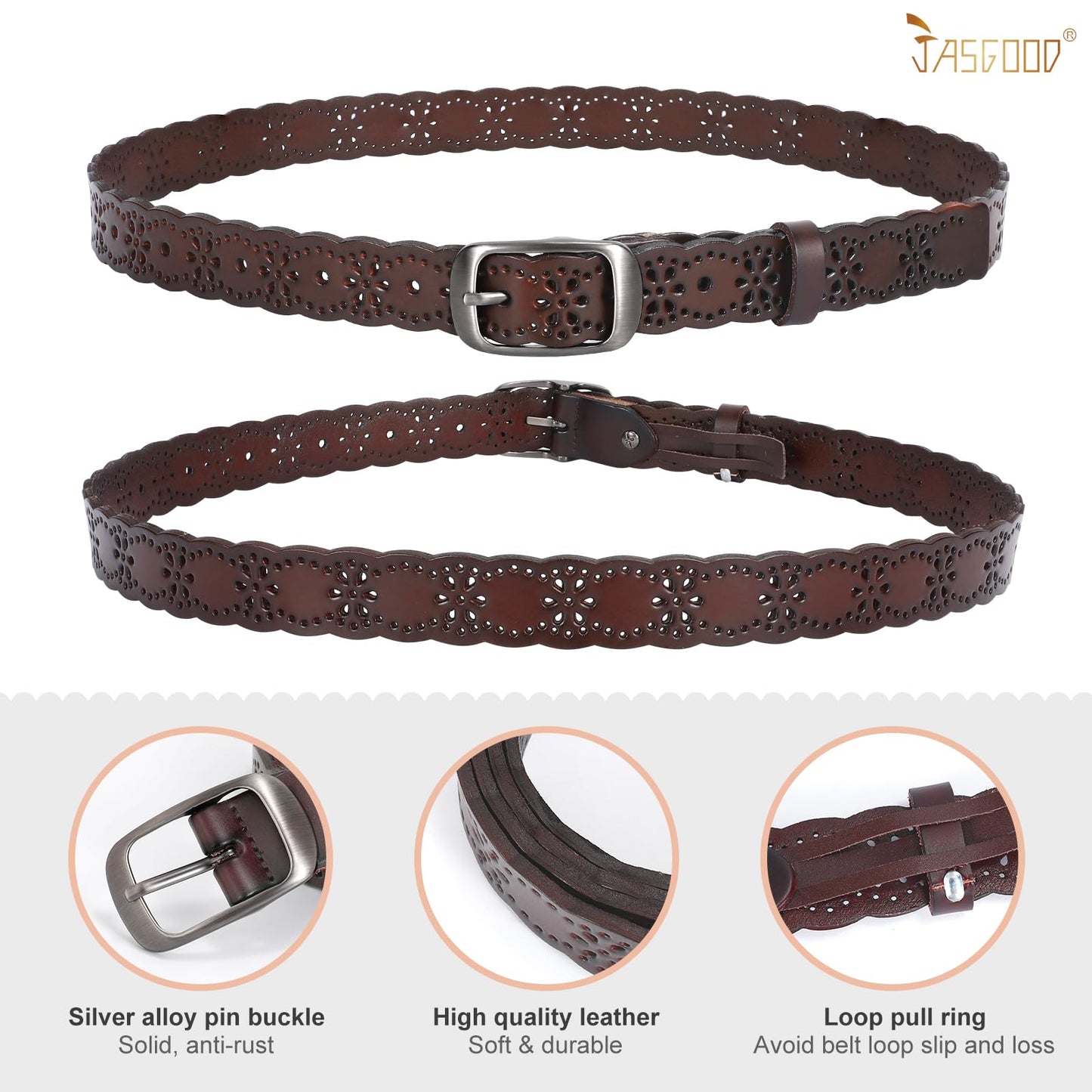 JASGOOD Women Hollow Flower Leather Belt for Jeans Pants Soft Leather Belt with Solid Pin Buckle(Coffee, Fit Waist Size 29-32 Inches)