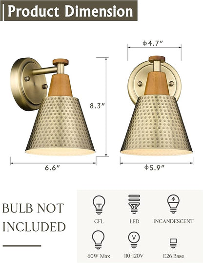 FEMILA Bathroom Light Fixtures 2 Pack, Antique Brass Vanity Light with Hammered Metal Shade, 2-Lights Bath Wall Mounted Lights Wall Lamp for Mirror Kitchen Bedroom, 4FG59B-2 BG