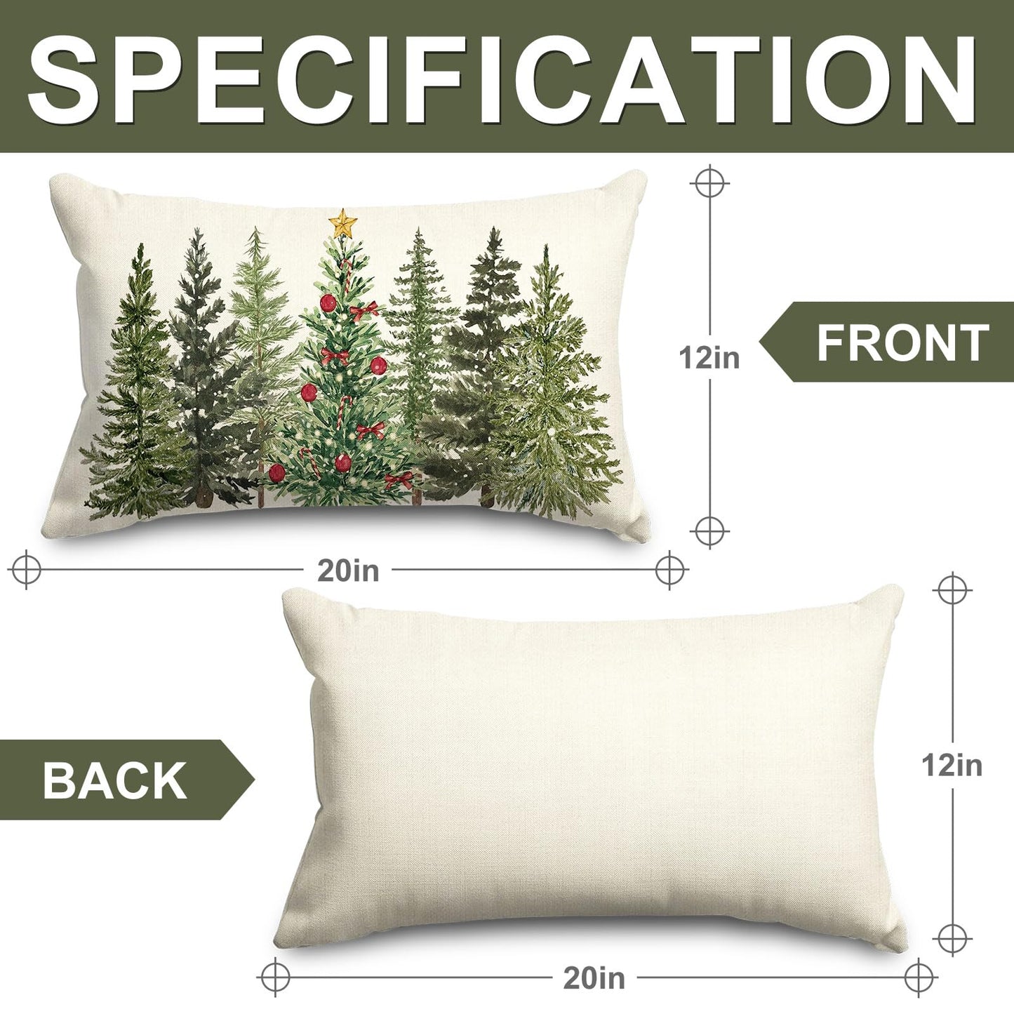 Christmas Rectangle Pillow Cover Watercolor Xmas Pine Tree Throw Pillow Case 12 x 20 Inch Cushion Cover for Winter Party Home Farmhouse Couch Sofa Car