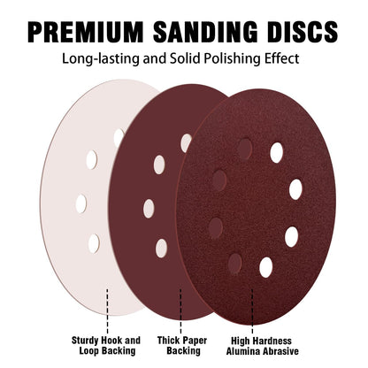 52 Pack 5 Inch 8-Hole Hook and Loop Sanding Discs Sandpaper Red Round 80 Grit Sandpaper for Random Orbital Sander