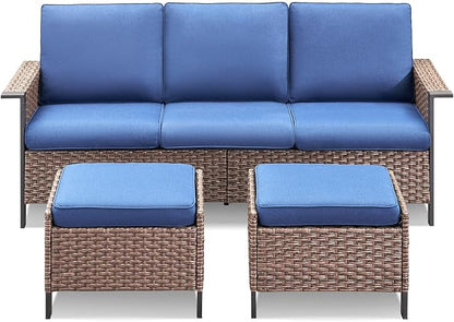 3 Pieces Patio Furniture Sofa Set-Outdoor Wicker Patio Furniture Covered Couch with Multifunctional Ottoman and High Back Outdoor Patio Conversation Set for Backyard Porch Garden Brown/Blue