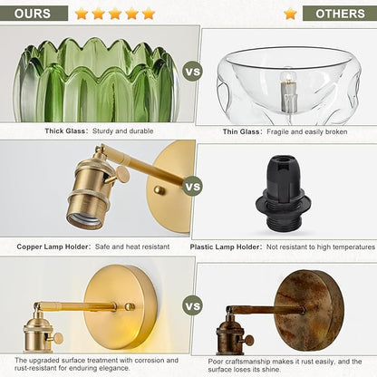 Wall Sconces Set of Two Hardwired, Vintage Wall Sconce Light with Tulip Green Glass Lampshade, Bathroom Wall Sconces with Switch, Gold Wall Light Sconces Wall Decor Set of 2