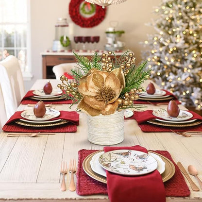 DILATATA 10 inch Gold Christmas Table Centerpiece with 5" Glitter Magnolia Flower Berries Fir Greenery Artificial Floral Centerpiece in Silver Ceramic Pot for Christmas Tabletop Arrangement