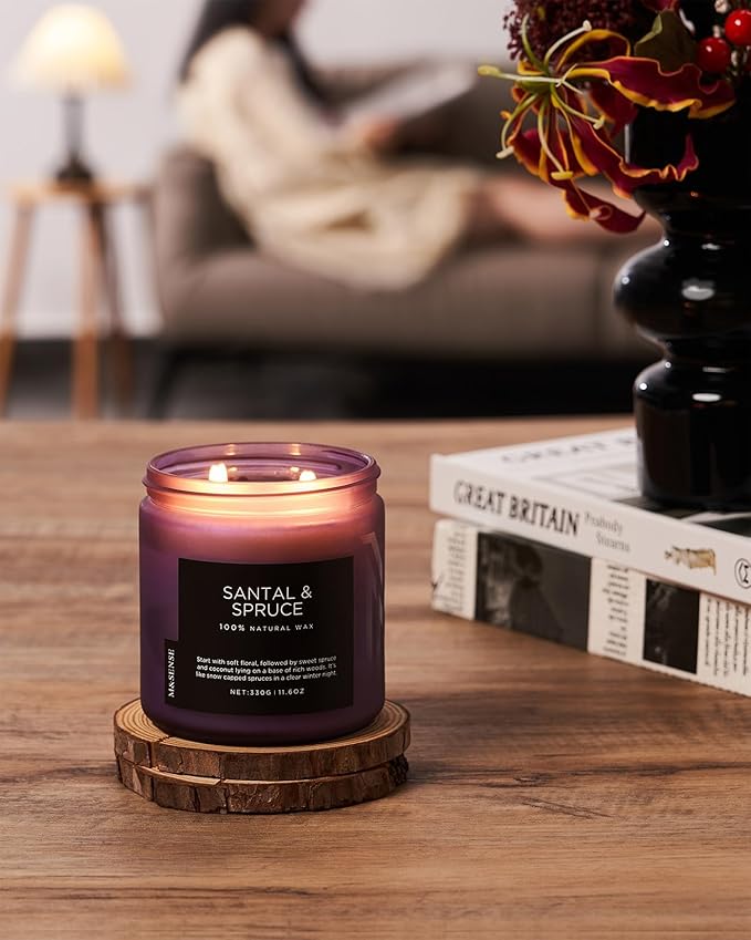 M&SENSE Santal Spruce Christmas Scented Candle, 11.6oz 70 Hours Burn Non Toxic Natural Soy Wax, 2 Cotton Wick Candle for Winter Holiday Housewarming Gifts for Family Friends Teachers