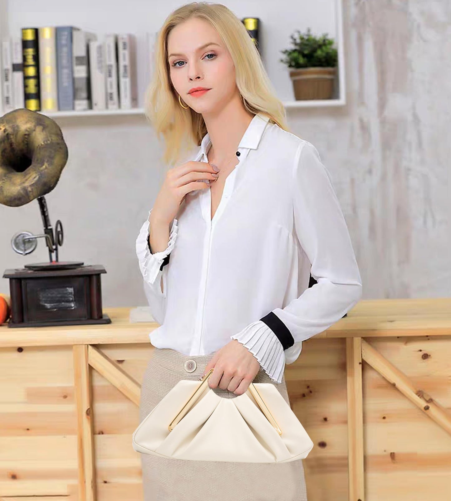 myfriday Women's Elegant Ruched Clutch Purse, Soft Dumpling Evening Purse Handbags for Wedding Prom Party Formal Events (Beige)