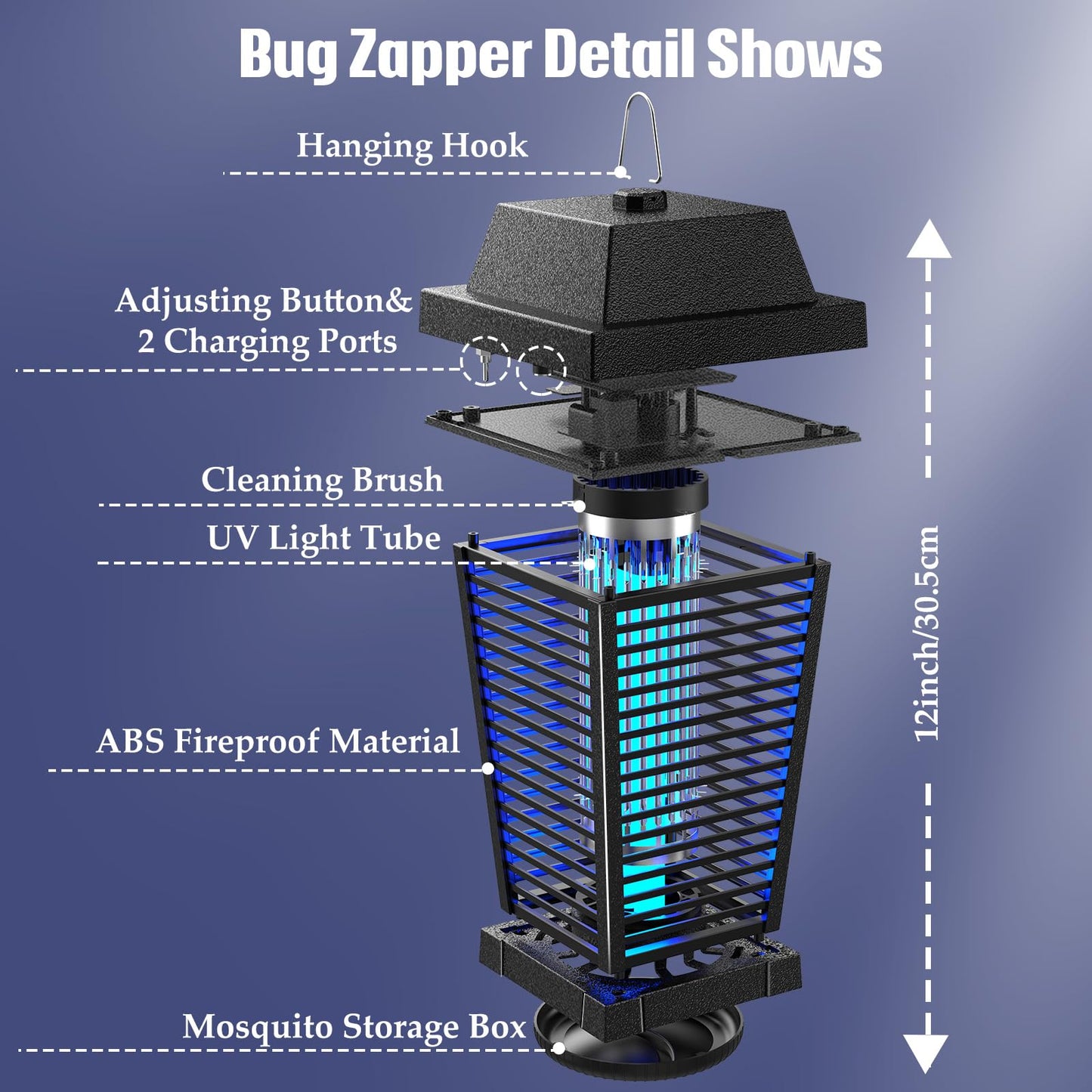 PALONE Solar Bug Zapper 4500V Electric Mosquito Zapper Outdoor, USB-C and Solar Panel Dual Charging Electric Zapper Racket, Fly Trap with UV Light for Flies Gnats Moths