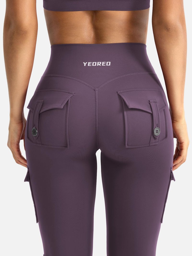 YEOREO CoreFlex Women Workout Flare Leggings with Pockets Hidden Scrunch Cargo Gym Yoga No Front Seam Leggings Black Berry Purple M