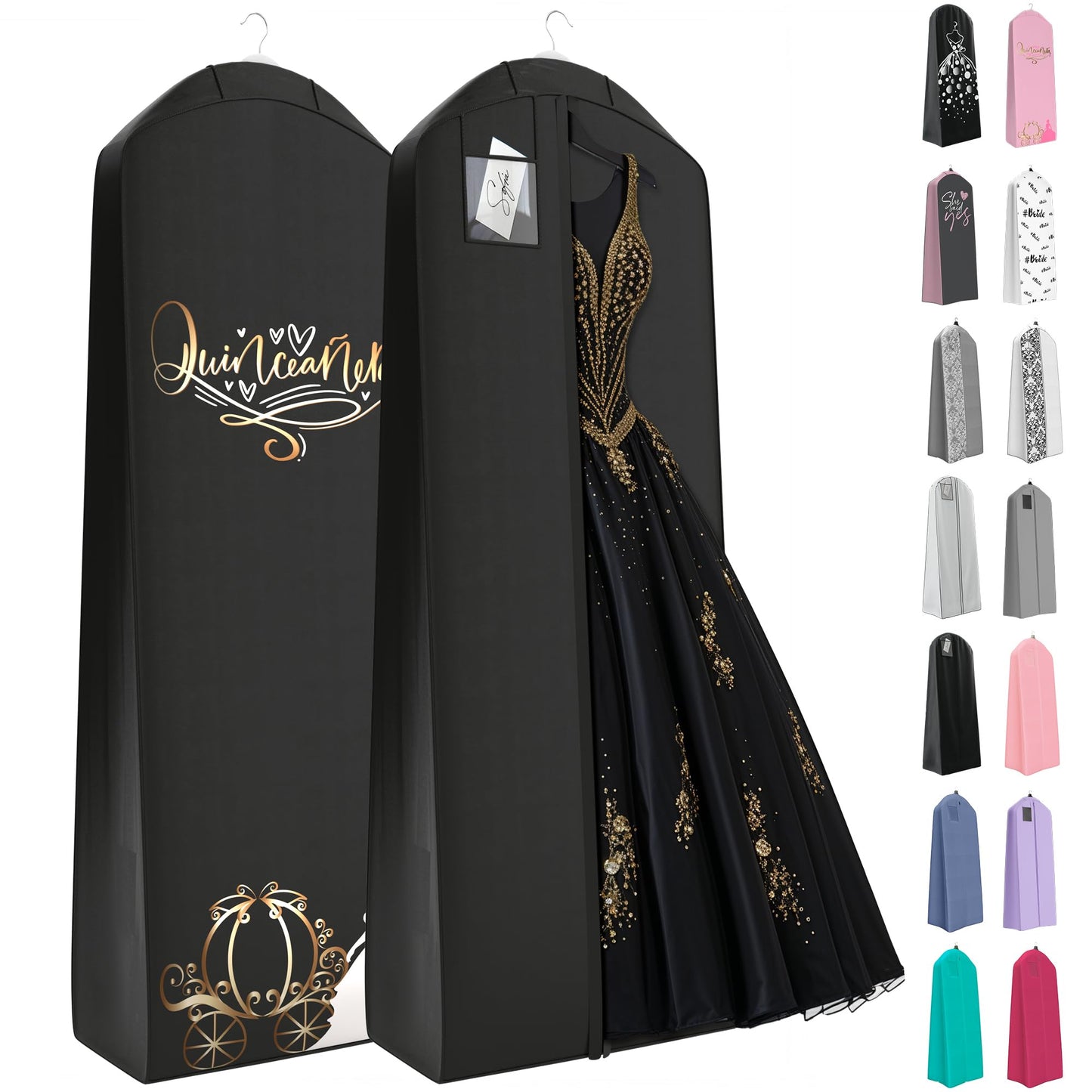 Your Bags Quinceanera Dress Garment Bag - Garment Bags for Hanging Gowns or Storage Preservation - 72" Quinceanera Storage Bag for Gowns with 20" Gusset for Puffy Quinceanera Gowns - Black/Gold