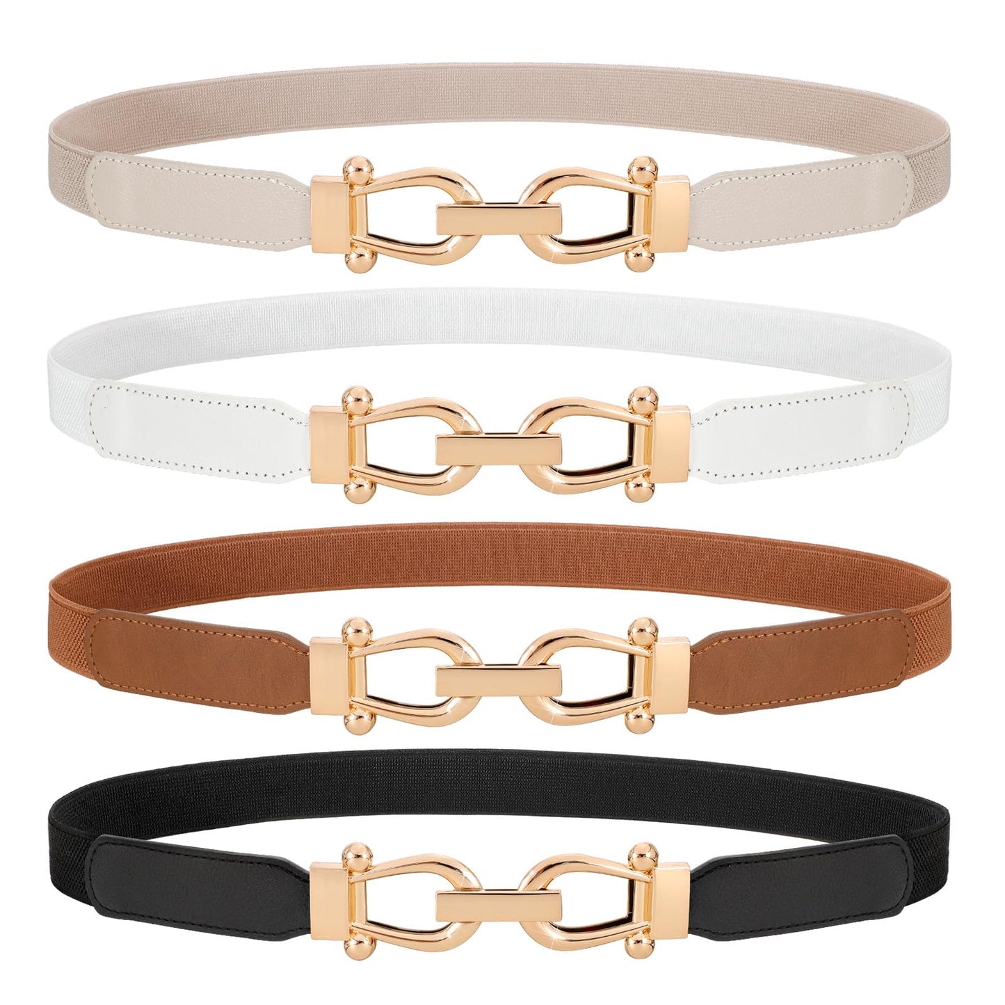WERFORU 4 Pack Women Skinny Elastic Waist Belt Gold Buckle Stretchy Thin Belt for Jeans Dress