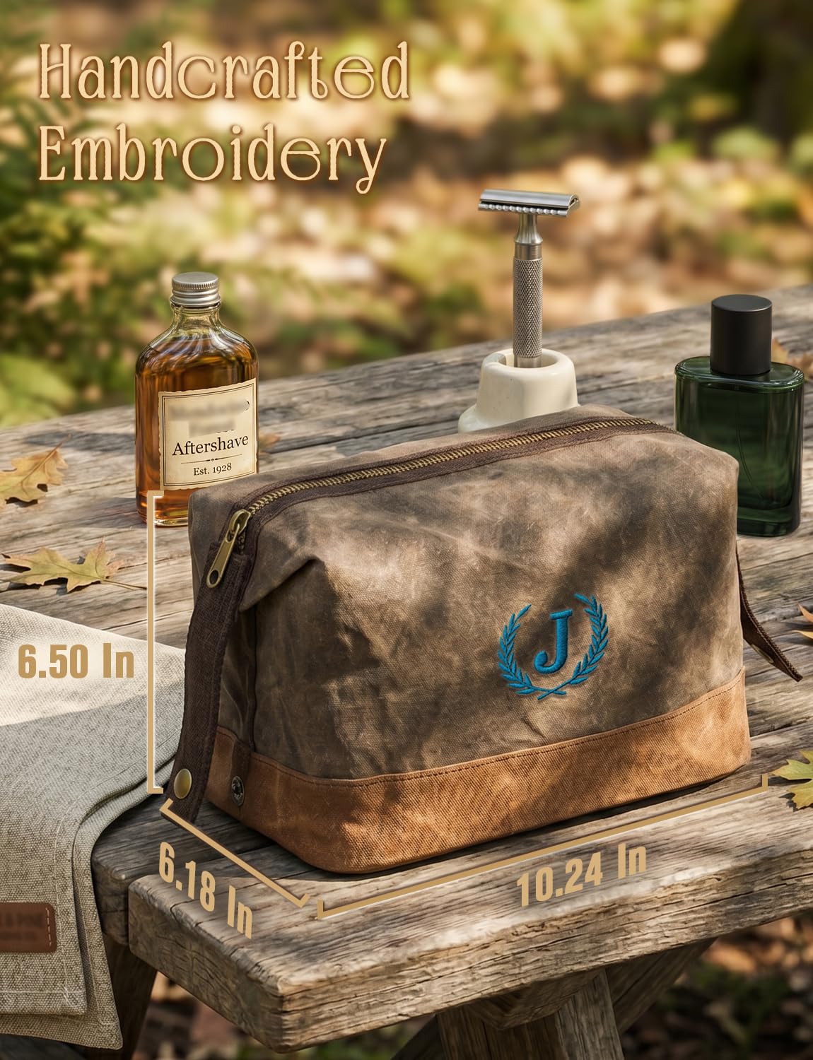 Personalized Toiletry Bag Fathers Day Birthday Gifts for Men, Large Waxed Canvas Travel Dopp Kit Monogrammed Initial Embroidery, Waterproof Shaving Case for Gym Camping Hiking Weekend Trip Letter J