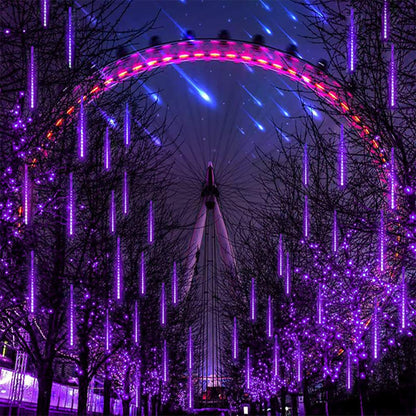 Aukora Purple Outdoor Halloween Lights, UL Plug, 11.8 inch, 8 Tubes, 192 LEDs, Meteor Shower & RainDrop Light, Series-connectable Christmas String Light Outside for Xmas, Tree, Thanksgiving Decoration