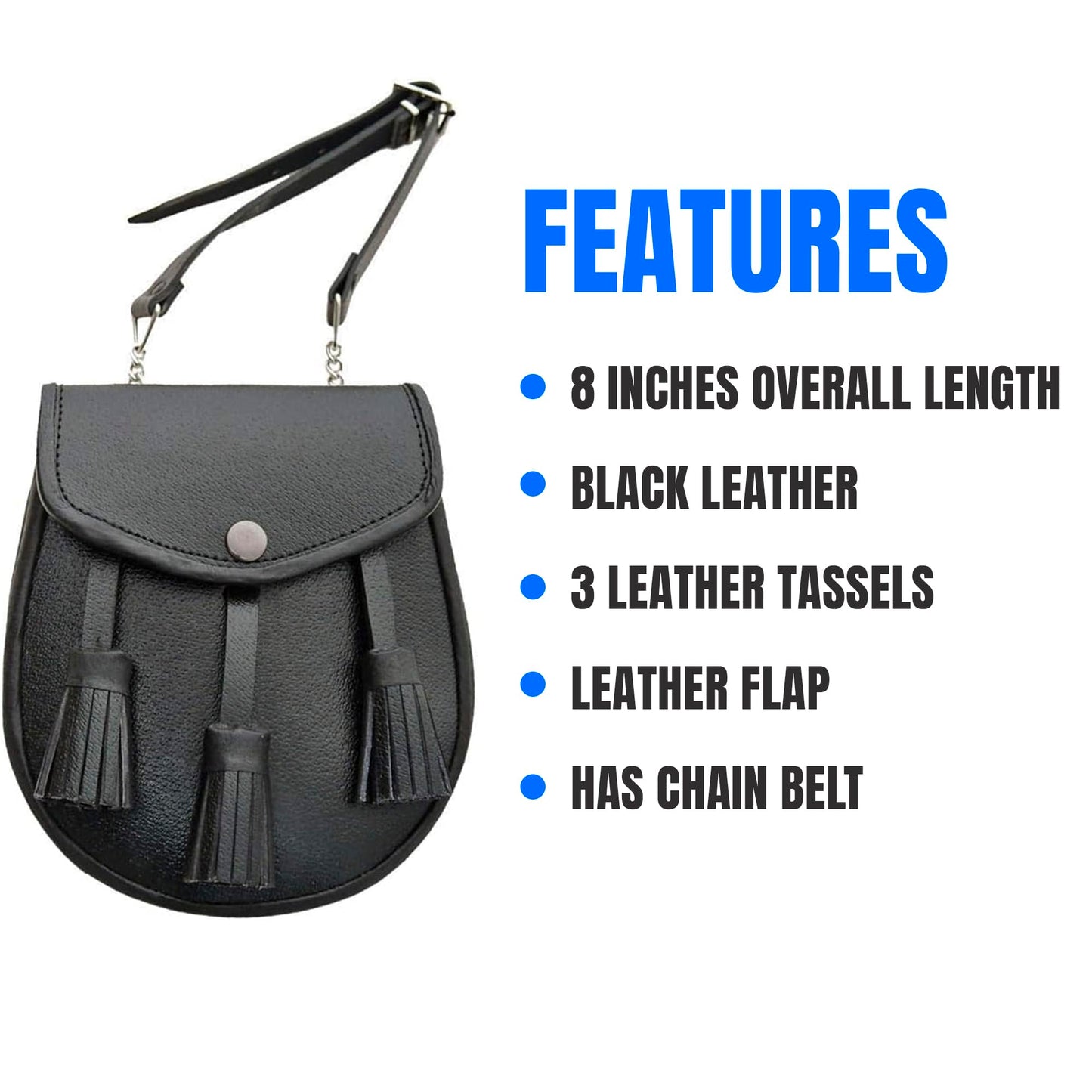 SZCO Medieval Sporran 8 Inch - Black Plain Celtic Style Leather Pouch with Tassels - Scottish Kilt Sporran with Chain Belt for Men - Medieval Bag for Costume & Renaissance Accessories