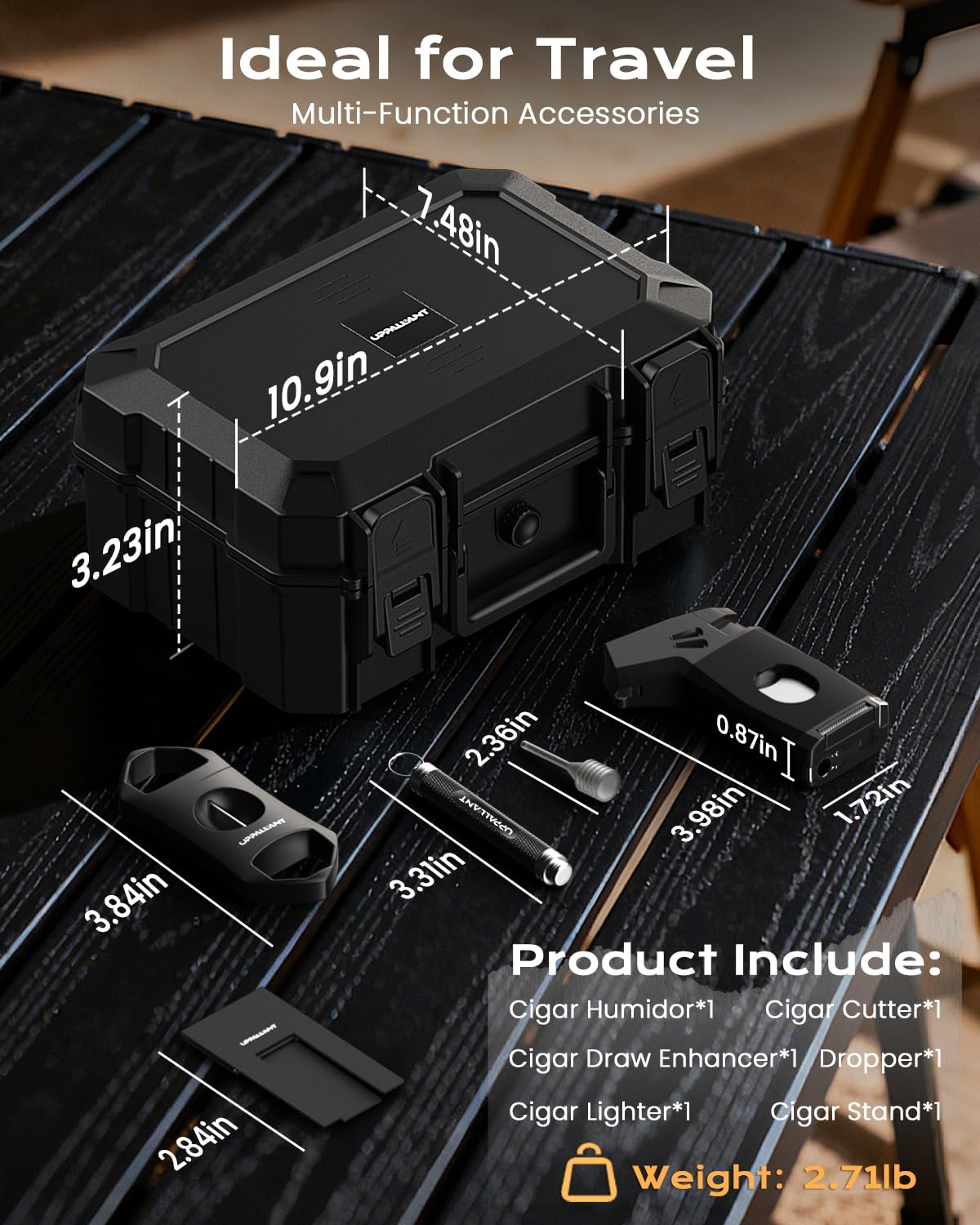 Cigar Humidor Set with 5-in-1 Cigar Lighter, V Cutter, Cigar Holder, Cigar Draw Enhancer, Humidifier&Hygrometer, Portable Travel Cigar Humidor Box, Cigar Accessories Cigar Case, Cigar Gifts for Men