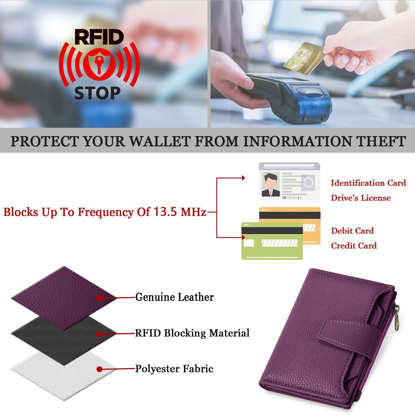 Airkit Small Wallet Women RFID Blocking Soft Leather Bifold Compact Card Holder Wallet for Women with Zipper Coin Pocket 4 ID Window