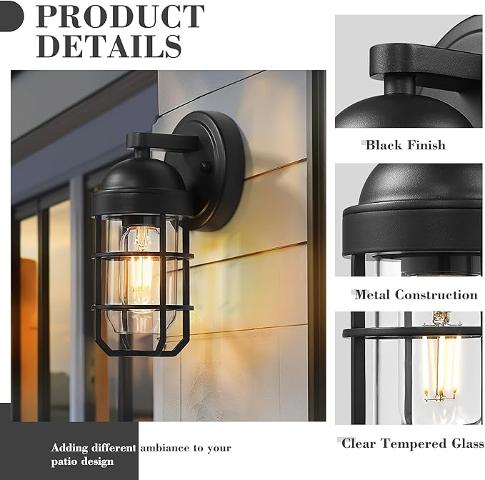 Emliviar Farmhouse Outdoor Wall Light, 2 Pack Wall Light Fixtures with Clear Tempered Glass, Black Finish, GE255B-2PK BK