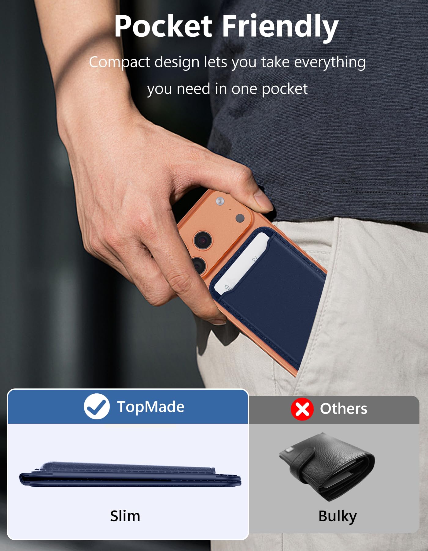 TopMade for MagSafe Wallet with Adjustable Stand, Magnetic Phone Card Holder for iPhone 17/16/15/14/13/12 Series, RFID Blocking Premium Leather, ID Window, Holds 5 Cards, Navy Blue