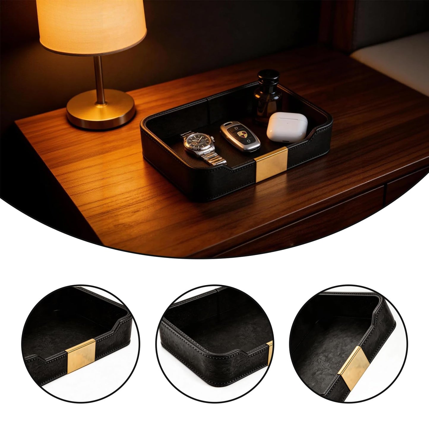 Black Leather Valet Tray - Multi-Use Nightstand Tray, Decorative Tray for Jewelry, Perfume, and Accessories Storage (Black)