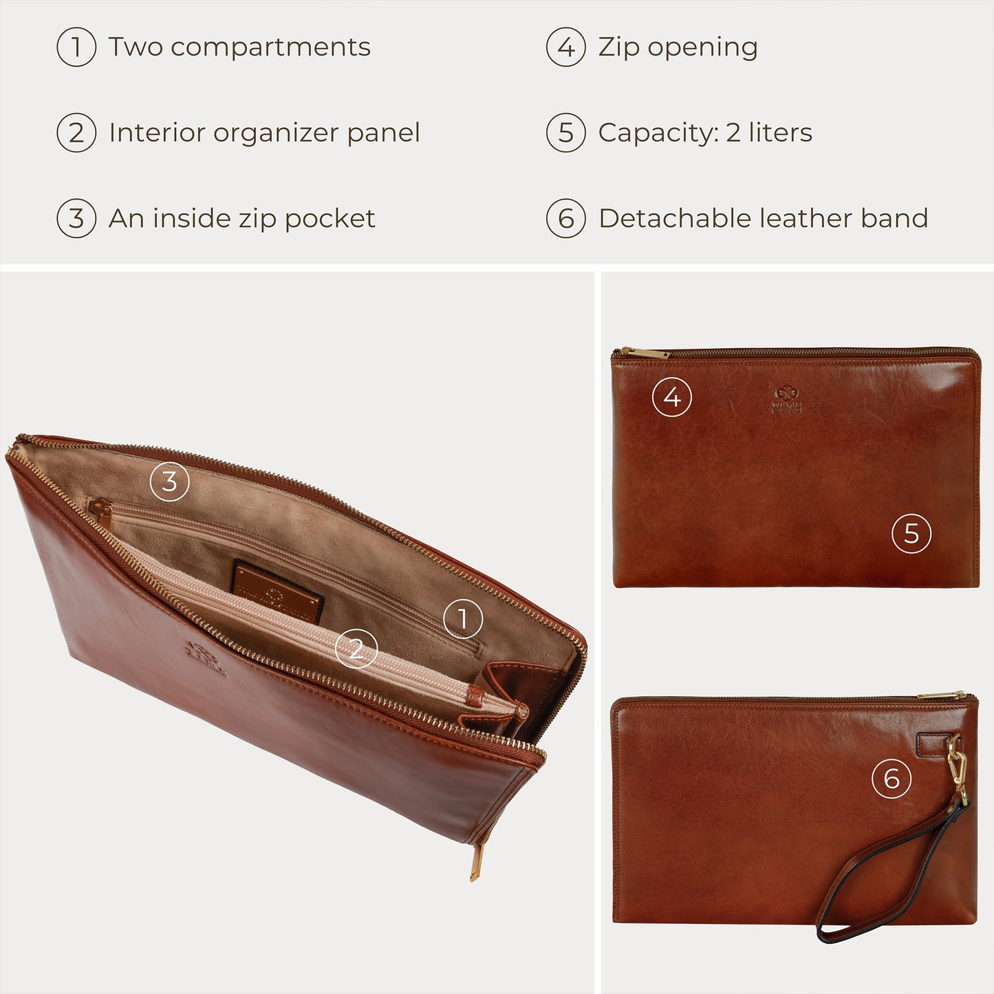 Time Resistance Leather Clutch for Men - Organizer Wrist Bag Briefcase - Handmade in Italy (Cognac Brown)