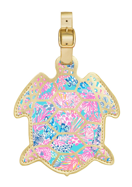 Lilly Pulitzer Turtle Shaped Luggage Tag with Secure Strap, Durable Vegan Leather, Colorful Suitcase Identifier for Travel, Splendor in the Sand