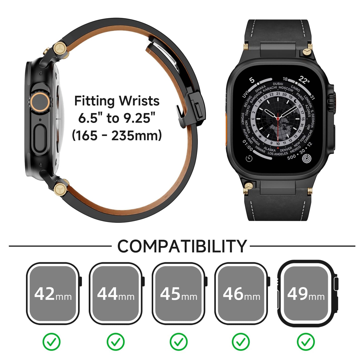 Unfettered Genuine Leather Band for Apple Watch Ultra 3/2, 49mm 46mm 45mm 44mm 42mm, Men's Vintage Full-Grain Replacement Black Strap with Folding Clasp & Metal Connector, Compatible with Series 11–1 SE