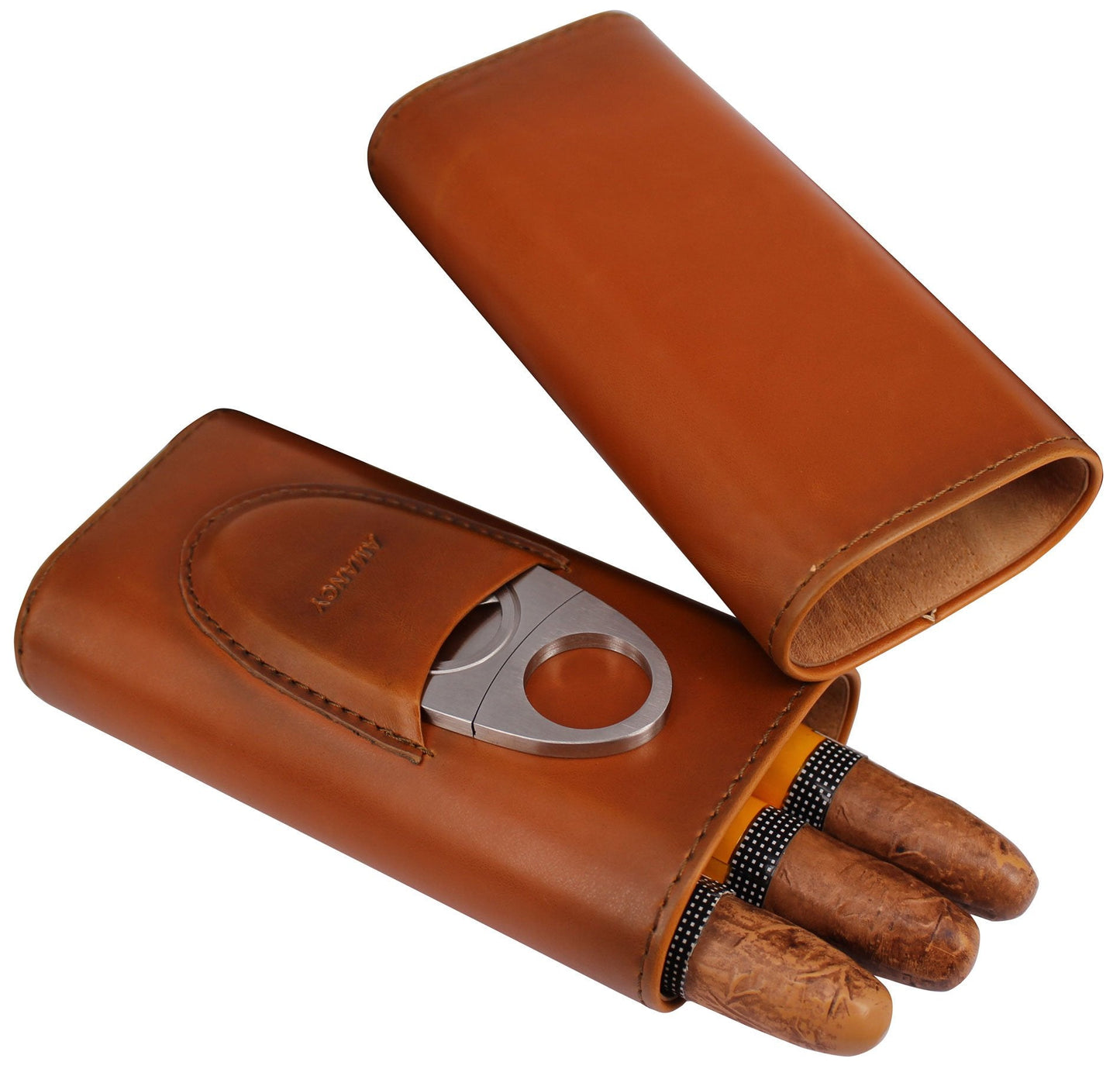 AMANCY Premium 3- Finger Brown Leather Cigar Case, Cedar Wood Lined Cigar Humidor with Silver Stainless Steel Cutter