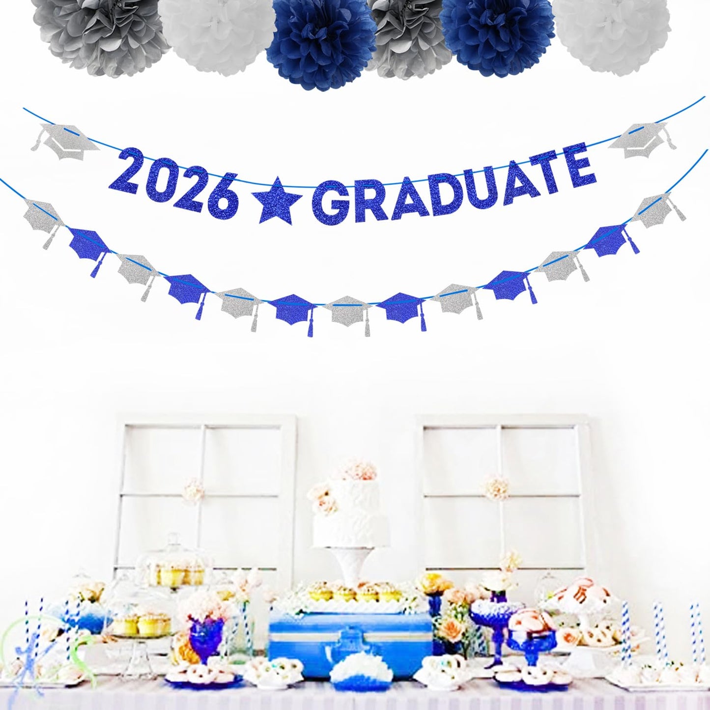 Navy-Blue White-Silver Party-Decoration Graduation Banner - 8pcs Kits Cap Garland Streamers, Paper Tissue Pom Poms Flowers, 2026 Craduate Banner Congratulations Grad Decor Lasting Surprise