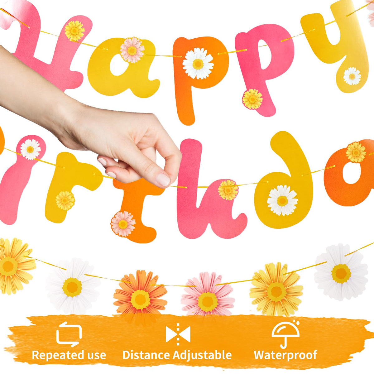 SUNBEAUTY Flower Daisy Happy Birthday Banner Groovy Party Banners Groovy Party Decorations Boho Happy Birthday Banner Daisy Retro Hippie Party Supplies Baby Shower | Pre-Strung