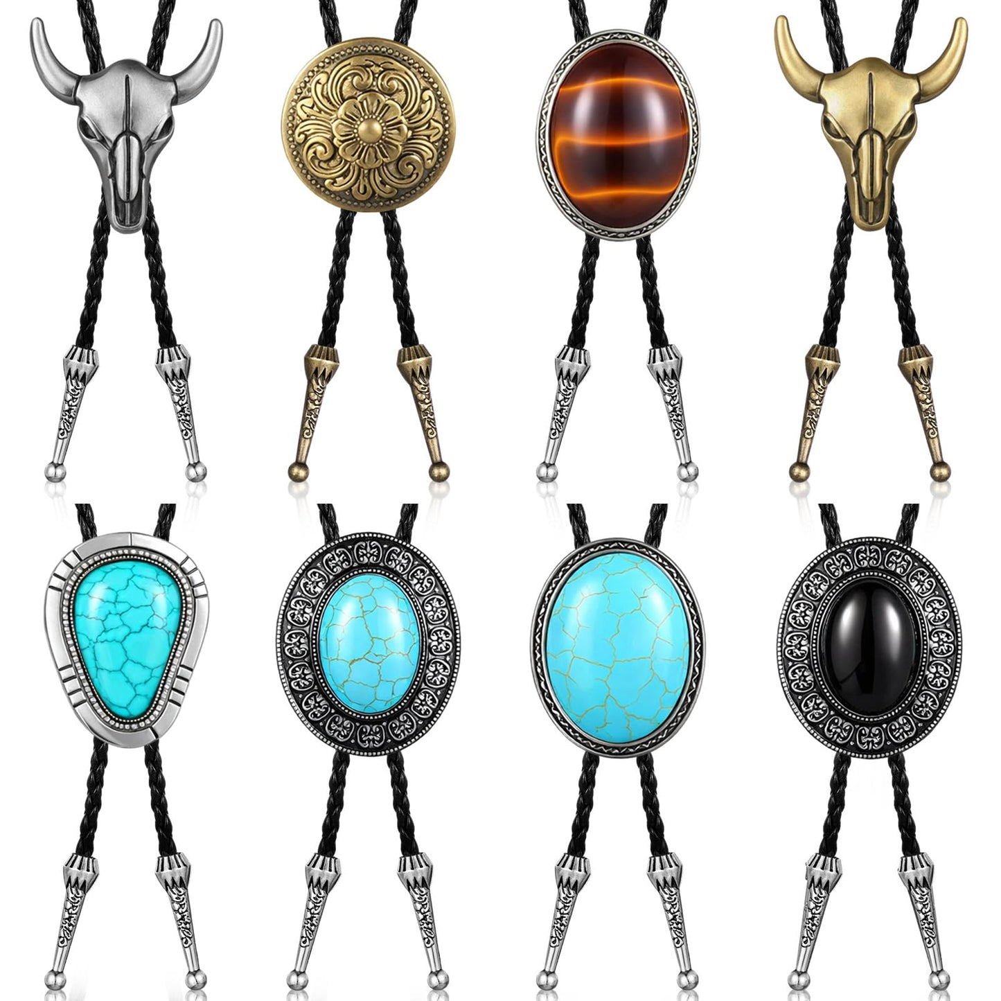 Lyrow 8 Pcs Bolo Ties for Men Women Native Western Cowboy Bola Tie Turquoise Stone Faux Leather Necktie Tie for Costume Accessories (Classic Style)