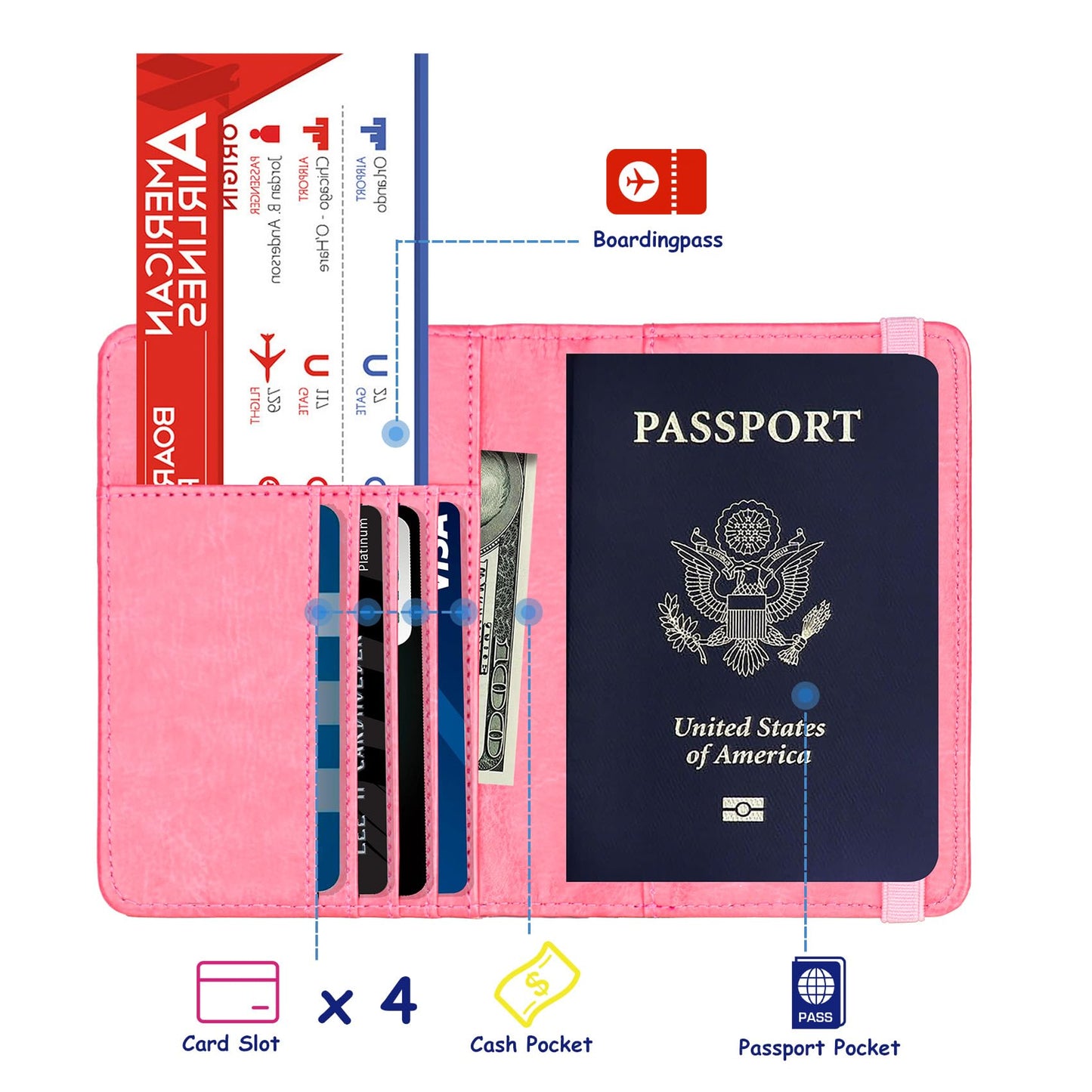 TOURSUIT RFID Blocking Passport Holder for Women Men, Leather Passport Travel Wallet with 3D Metal Badge, Travel Document Holder Cover Accessories (Pink)