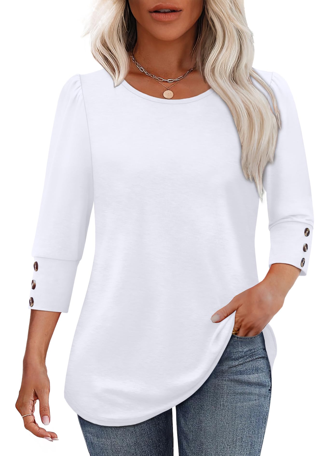 White T Shirts for Women Dressy Casual Plus Size Tops 3/4 Length Sleeve Summer Blouses Beach Vacation Clothes L