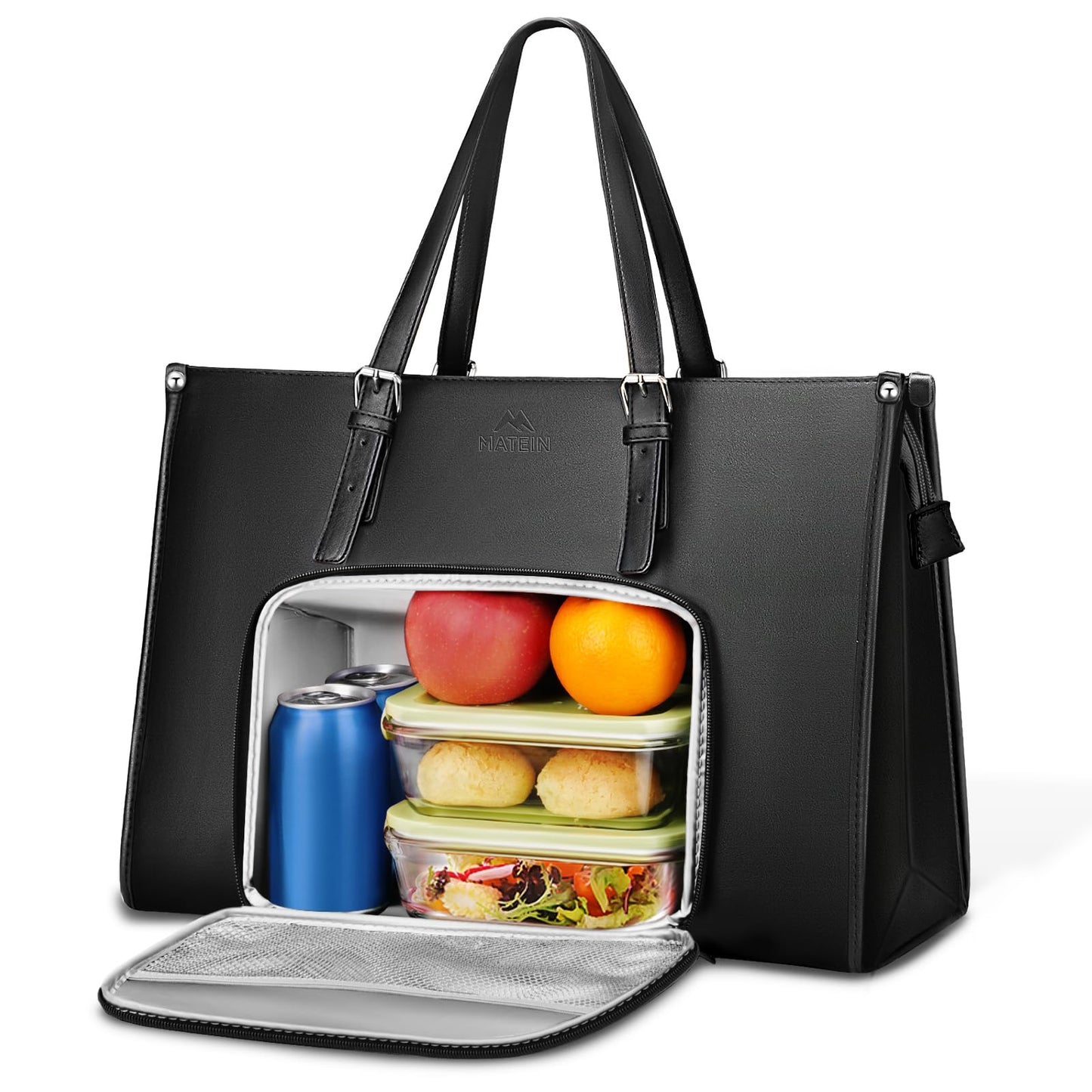 MATEIN Laptop Tote Bag with Insulated Lunch Compartment, 15.6 Inch PU Leather Briefcase with Leakproof Lunch Box Pocket for Women, Convertible Lightweight Computer Work Bag Handbag for Office, Black