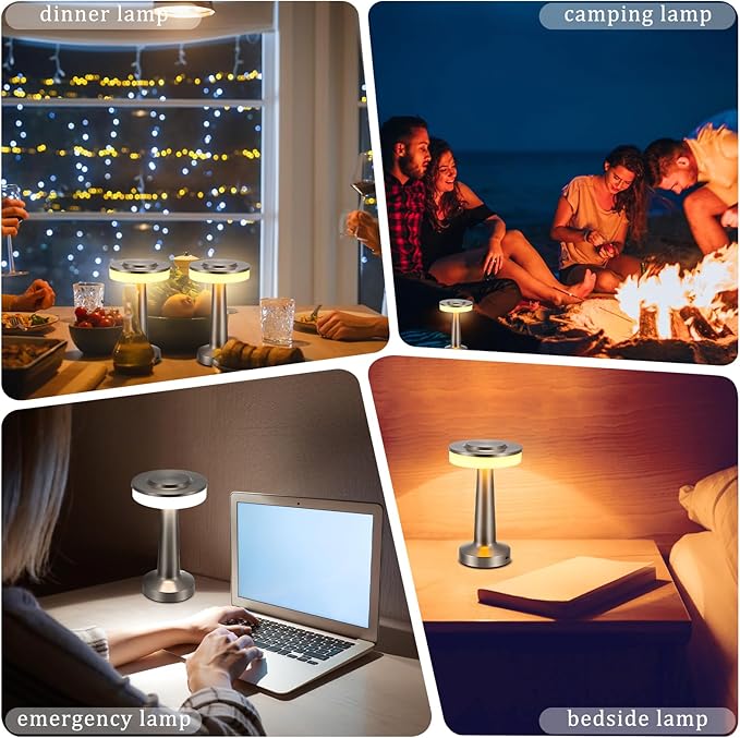 VIHOSE 12 Pcs Silver Cordless Table Lamps LED Portable Rechargeable Table Lamp with Touch Sensor 3 Color Dimming up to 15 Hours Battery Desk Light for Restaurant Nursery Living Room
