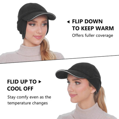 GADIEMKENSD Fleece Winter Hats for Women Reflective Ponytail Hat with Ear Flap Drop Down Ear Warmer Visor Beanie Double Ponytails Hole Baseball Cap for Running Skiing Workout Black