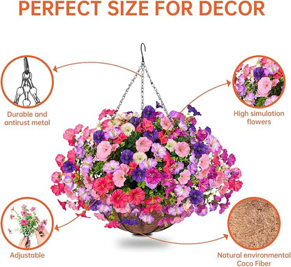 Florielle Artificial Hanging Faux Flowers Basket, Fake Silk Petunias Plants Arrangement,for Spring Summer Outdoor Decoration,UV Resistant, Morning Glorias,for Home Garden Decor (PinkPurple)