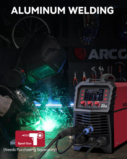 ARCCAPTAIN MIG Welder, 200Amp 6 in 1 Gas MIG/Gasless Flux Core MIG/Stick/Lift TIG/Spot welding/Spool Gun 110V/220V Aluminum Multi Process Welding Machine with LED Digital Display, Burn Back Adjustment