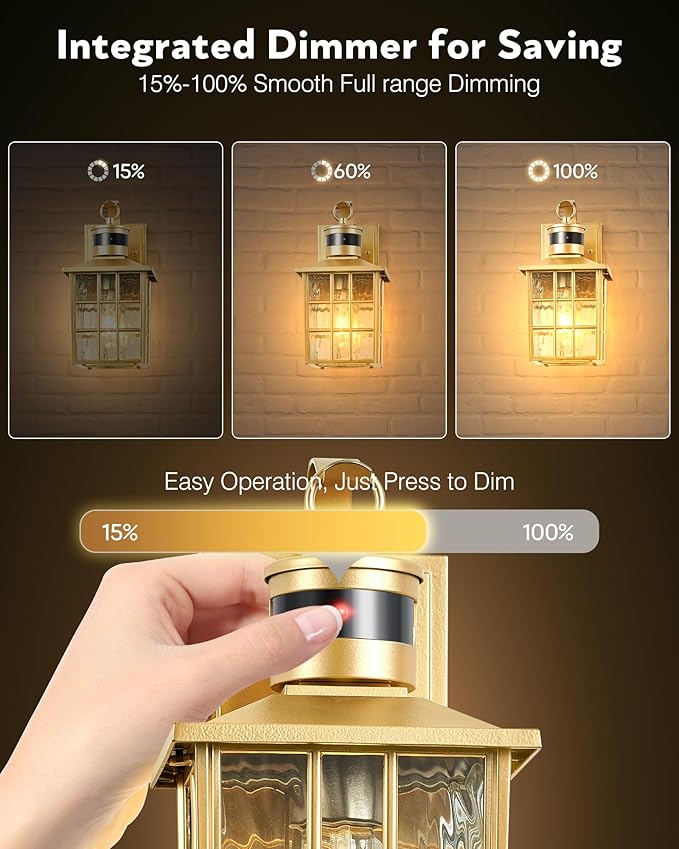VIANIS Gold Outdoor Wall Lights, 2 Pack Motion Sensor Exterior Lights for House Wall Mount Sconce Lamp, Dusk to Dawn Porch Light Fixture, Golden Outside Garage Light Lantern with Tempered Ripple Glass